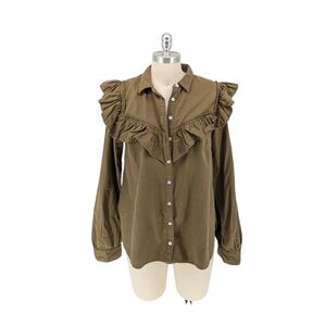 01168 Pilcro Ruffle Denim Button Down Shirt Green M bohemian hipster western